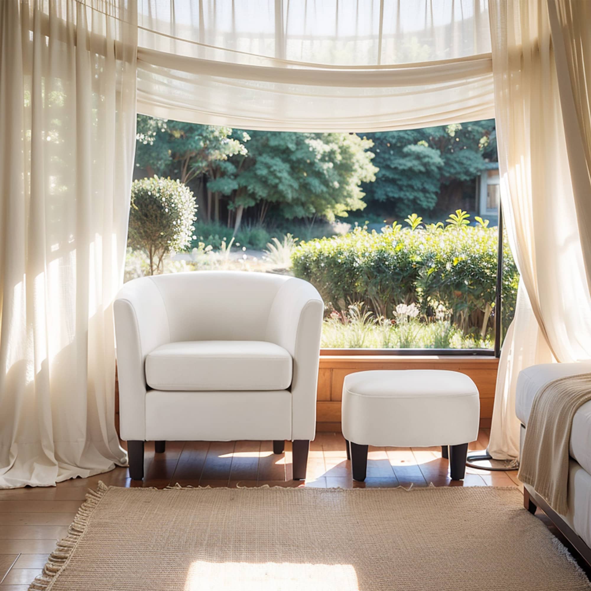 Velvet Accent Chair With Ottoman, Modern Barrel Chair Armchair For Living Room, Bedroom, White_maomaolike.com